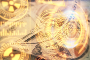Double exposure of tech theme drawing over usa dollars bill background. Concept of technology.