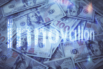 Double exposure of data theme drawing over us dollars bill background. Technology concept.