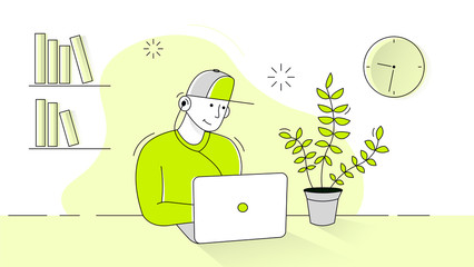 Work from home. Young man freelancer working on laptop, computer at home. Stay home in quarantine. Outline vector flat style illustration.