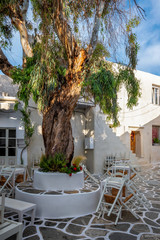Picturesque narrow street with traditional whitewashed houses of Naousa town in famous tourist attraction Paros island, Greece