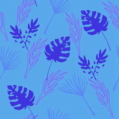 Trendy Tropical Vector Seamless Pattern. Nice Summer Fashion. Doodle Floral Background. Feather Monstera 