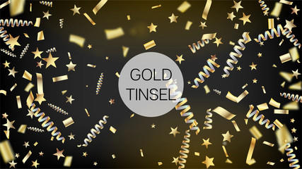 Modern Gold Confetti, Falling Stars, Streamers, Tinsel. Cool Premium Christmas, New Year, Birthday Party Holiday Banner. Horizontal Fairy Streamers Background. Gold Confetti, Falling Down Stars.