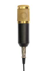 The black yellow microphone isolated on a white background. Copy space for text