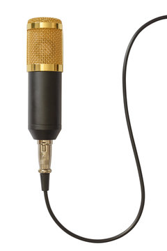 The black yellow microphone with the wire isolated on a white background. Copy space for text