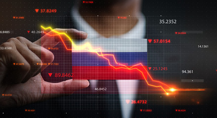 Graph Falling Down in Front Of Russia Flag. Crisis Concept © natanaelginting