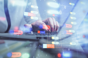 Multi exposure of woman hands working on computer and data theme hologram drawing. Tech concept.