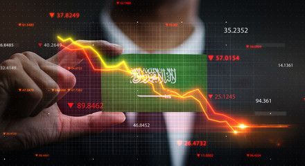 Graph Falling Down in Front Of Saudi Arabia Flag. Crisis Concept