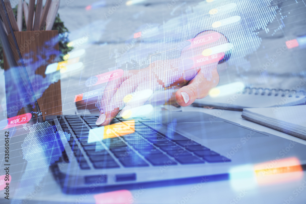 Poster double exposure of woman hands working on computer and data theme hologram drawing. tech concept.