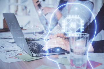 Multi exposure of woman hands working on computer and brain hologram drawing. Ai concept.