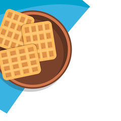 Modern cover with waffle maker for web banner design. Cooking belgian waffles  illustration isolated on white background. Flying Waffle iron with copy space kitchen poster. Horizontal concept.