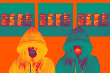 girl inflates chewing gum. two pieces. in the hood. creative colors. collage. background color...