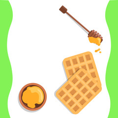 Modern cover with waffle maker for web banner design. Cooking belgian waffles  illustration isolated on white background. Flying Waffle iron with copy space kitchen poster. Horizontal concept.