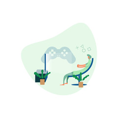 illustration flat vector of self isolation at home by playing games. good for advertising