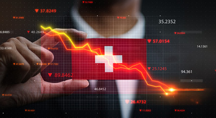 Graph Falling Down in Front Of Switzerland Flag. Crisis Concept - obrazy, fototapety, plakaty