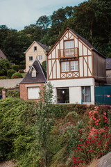 old historical houses at the entrance to the bay, France. Summer landscape