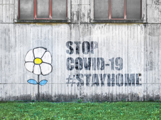 White flower on wall with message STOP COVID