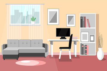 Fototapeta premium Living room with furniture, a cozy interior with a sofa, a workplace, and a bookshelf. Vector illustration, flat style
