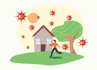 Obraz na płótnie Canvas stay home design, woman running to the house and coronavirus around