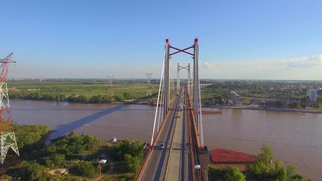 Aerial video of bridge. Dolly shot. Zarate. Buenos Aires. Argentina.
