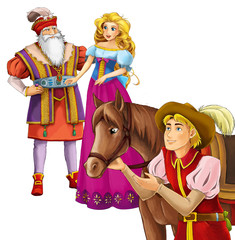 Obraz premium Cartoon cheerful married couple together romantic scene with horse - illustration