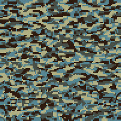 Seamless digital pixel classic camouflage pattern. Camo fishing hunting vector background. Masking blue grey gray white color military texture wallpaper. Army design for fabric paper vinyl print.