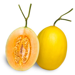Yellow cantaloupe melon isolated on white background, Golden melon fruit on White With clipping path.
