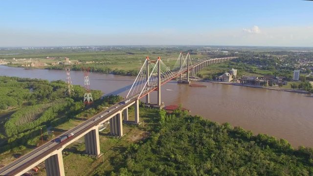 Bridge from above. Flying around shot. Arial view. Zarate. Buenos Aires. Argentina.