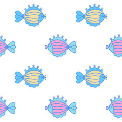 Funny fish seamless pattern on white background. Creative vector illustration