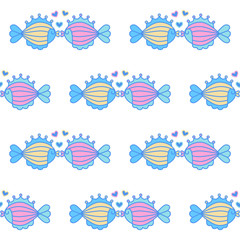 Fish love. Funny seamless pattern with kisses and hearts on white background. Creative vector illustration