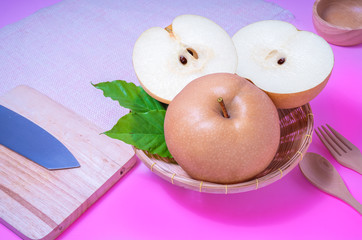 Snow pear or Feng Shui pear on colors background, Korean pear on Pastel colors background, 