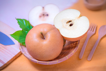 Snow pear or Feng Shui pear on colors background, Korean pear on Pastel colors background, 