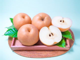 Snow pear or Feng Shui pear on colors background, Korean pear on Pastel colors background, 