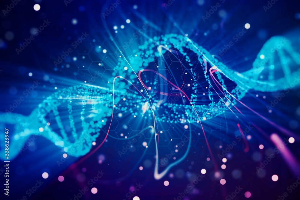 Poster Glowing DNA symbol on abstract blue background, closeup. 3D Rendering