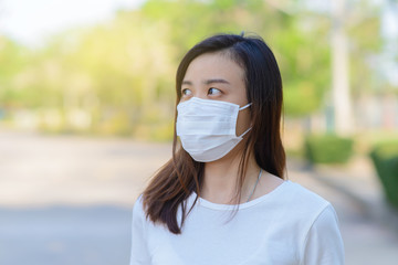Coronavirus and Air pollution pm2.5 concept.Asian woman wearing medical face mask. Woman Wearing Protective Mask. Woman wearing surgical mask for corona virus.