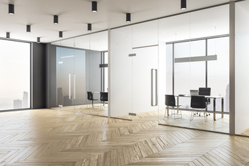 Modern furnished loft style office with big window and wooden floor. 3D Rendering