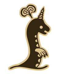 Vector drawing of a medieval horned sea creature emerging from the ocean. Can represent cartography, legends, fairy tales, the ancient world, creatures, monsters, Norse mythology, etc.