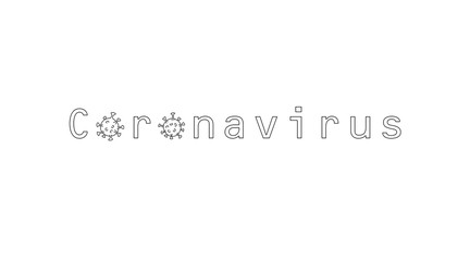 The word Coronavirus with hand drawn virus symbol on a white background