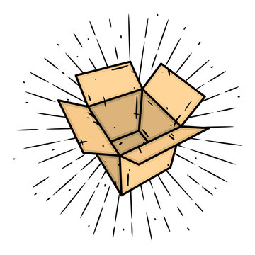 recommend clip art: Hand drawn vector illustration with Cardboard box and divergent rays. Used for poster, banner, web, t-shirt print, bag print, badges, flyer, logo design and more.