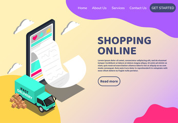 Shopping Online isometric web concept. Big smartphone digital marketing and e-commerce with Huge bill. Supermarket in device online store. Vector illustration