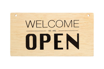 welcome we are open sign on wooden board isolated on white background