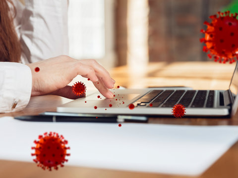 Viruses on your gadget using daily - concept of spreading of virus, 3D model illustration. Danger way of epidemic. Smartphone, laptop, keyboard, tablet need to be disinfected. Safety, medicine, health