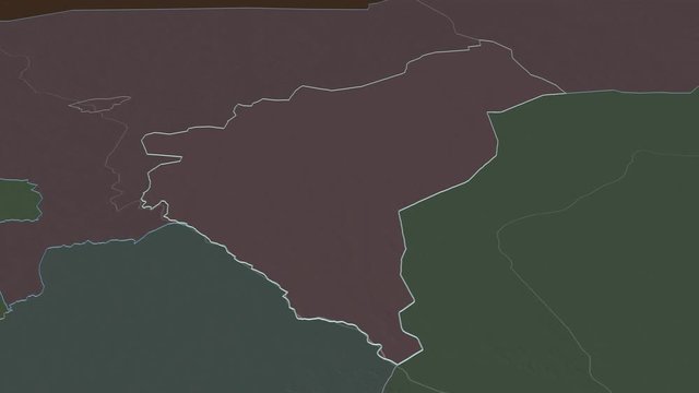 Dosso, department with its capital, zoomed and extruded on the administrative map of Niger in the conformal Stereographic projection. Animation 3D