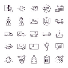 airplanes and fast delivery icon set, line style