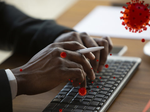 Viruses on your gadget using daily - concept of spreading of virus, 3D model illustration. Danger way of epidemic. Smartphone, laptop, keyboard, tablet need to be disinfected. Safety, medicine, health