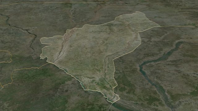 Dosso, department with its capital, zoomed and extruded on the satellite map of Niger in the conformal Stereographic projection. Animation 3D