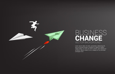 silhouette of businessman jump from white origami paper airplane to bank note money for change direction. Business Concept of changing business direction.Company vision mission.