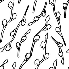 Willow sprigs on white backdrop.  Easter seamless pattern for apparel, wallpaper, wrap paper, sleeper, bath tile or bed linen. Phone case or cloth print art. Drawn style stock vector illustration
