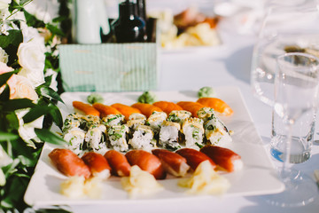 sushi rolls served in restaurant. Asian food restaurant