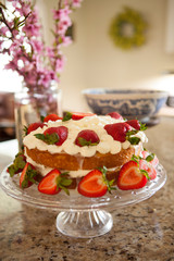 Two layer cake with strawberries and whipped cream on a glass cake platter