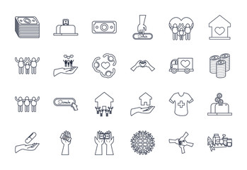 money, charity and donations icon set, line style